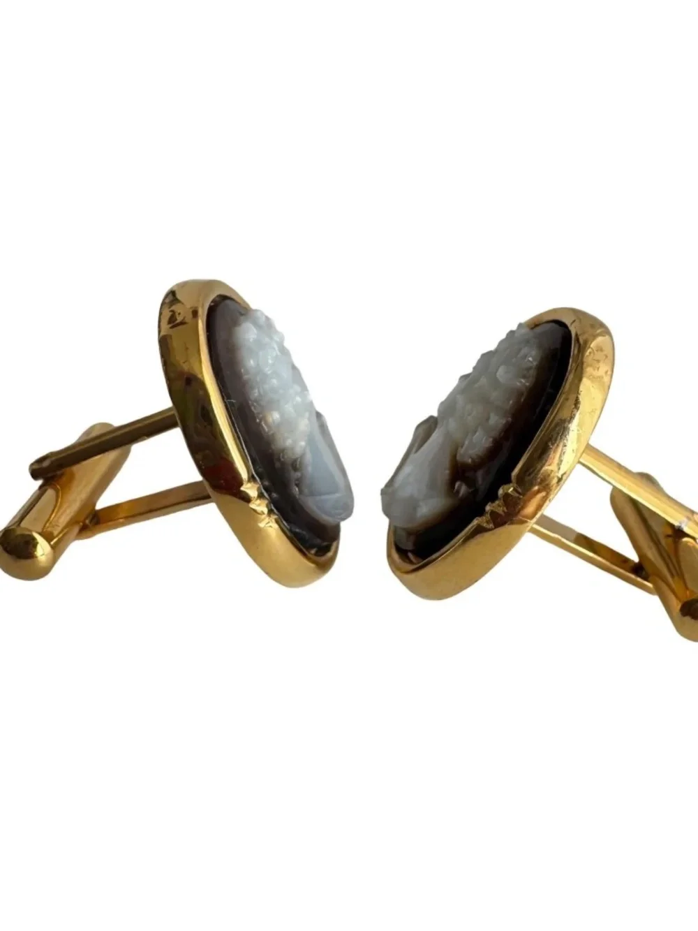 Vintage Black Shell Cameo Cufflinks Victorian Portrait Gold Tone Formal Wedding